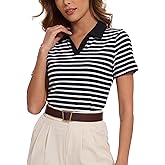 Sarefii Women Striped Collared Shirts Golf Polo Cotton Blend Tops Short Sleeve T-Shirts Tennis Tee Summer Outfits