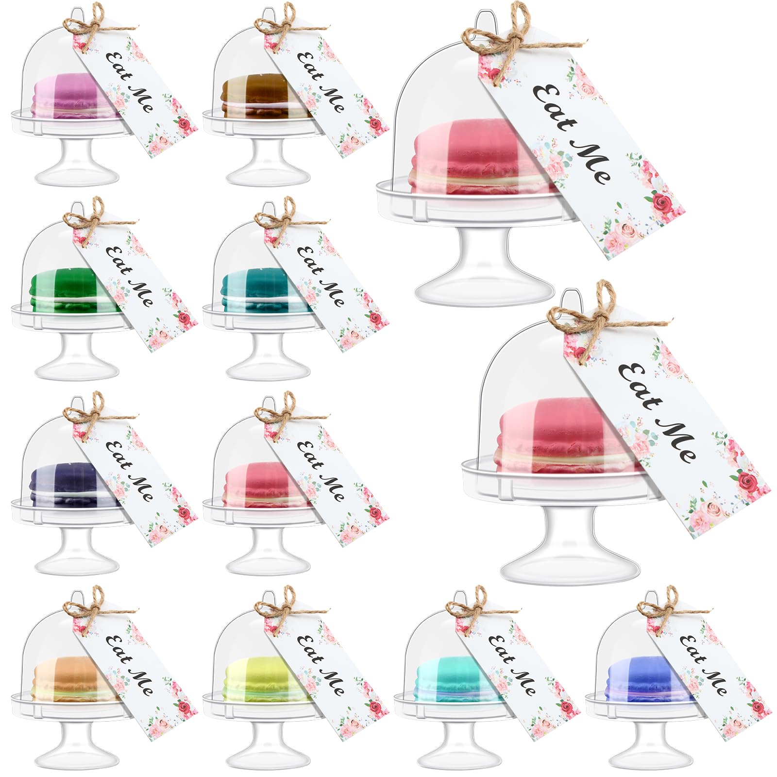 Photo 1 of *MISSING TAGS* Maxcheck 12 Set Mini Cake Stand with Lid Plastic Cupcake Stand Plate Dome Cover Tea Party Cake Dome Clear Dessert Tray with Eat Me Tags for Birthday Wedding Party Supplies