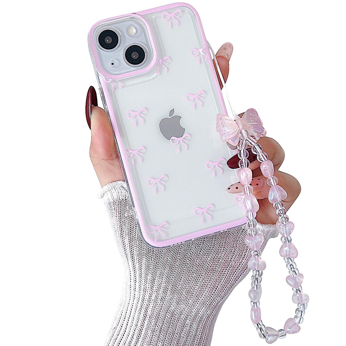 RRFNNF Cute Bowknot Case for iPhone 6 / 6s, Ribbon Bow Case with Bling Bracelet Chain, Clear Aesthetic Stylish Slim Soft Durable Pretty TPU Protective Cover for Women Girls, Pink