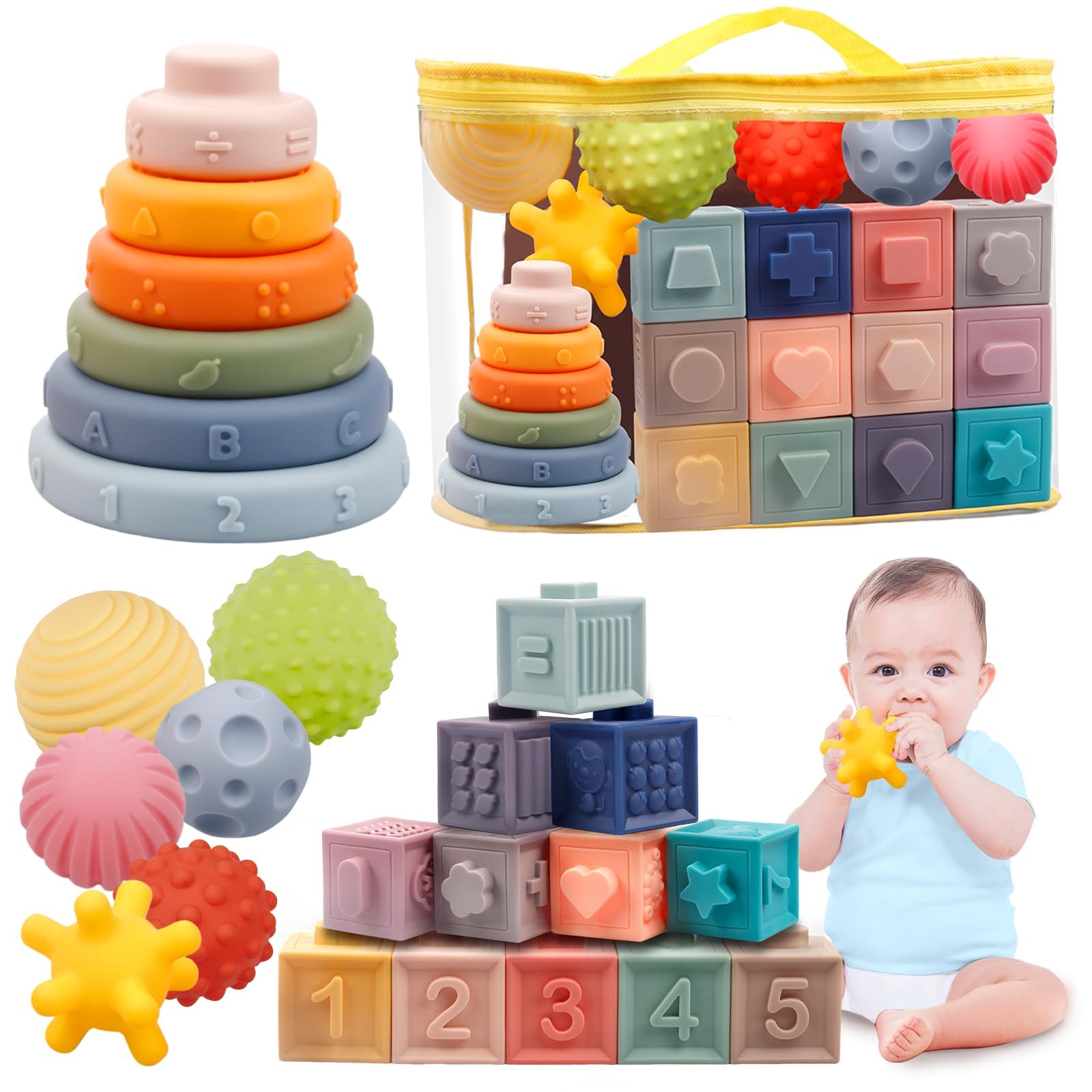 Photo 1 of Montessori Toys for Babies 6-12 Months, Soft Baby Blocks Toys Set, 3 in 1 Infant Stacking Building Blocks, Teething Toys Sensory Balls Educational Learning Toys for Toddlers 3-6-9-11 Months Boys Girls