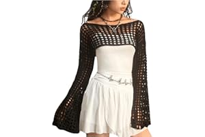 SHENHE Women's Crochet Shrug Hollow Knit Bolero Shrugs Sweater Crop Top Y2K Bell Sleeve Sweater