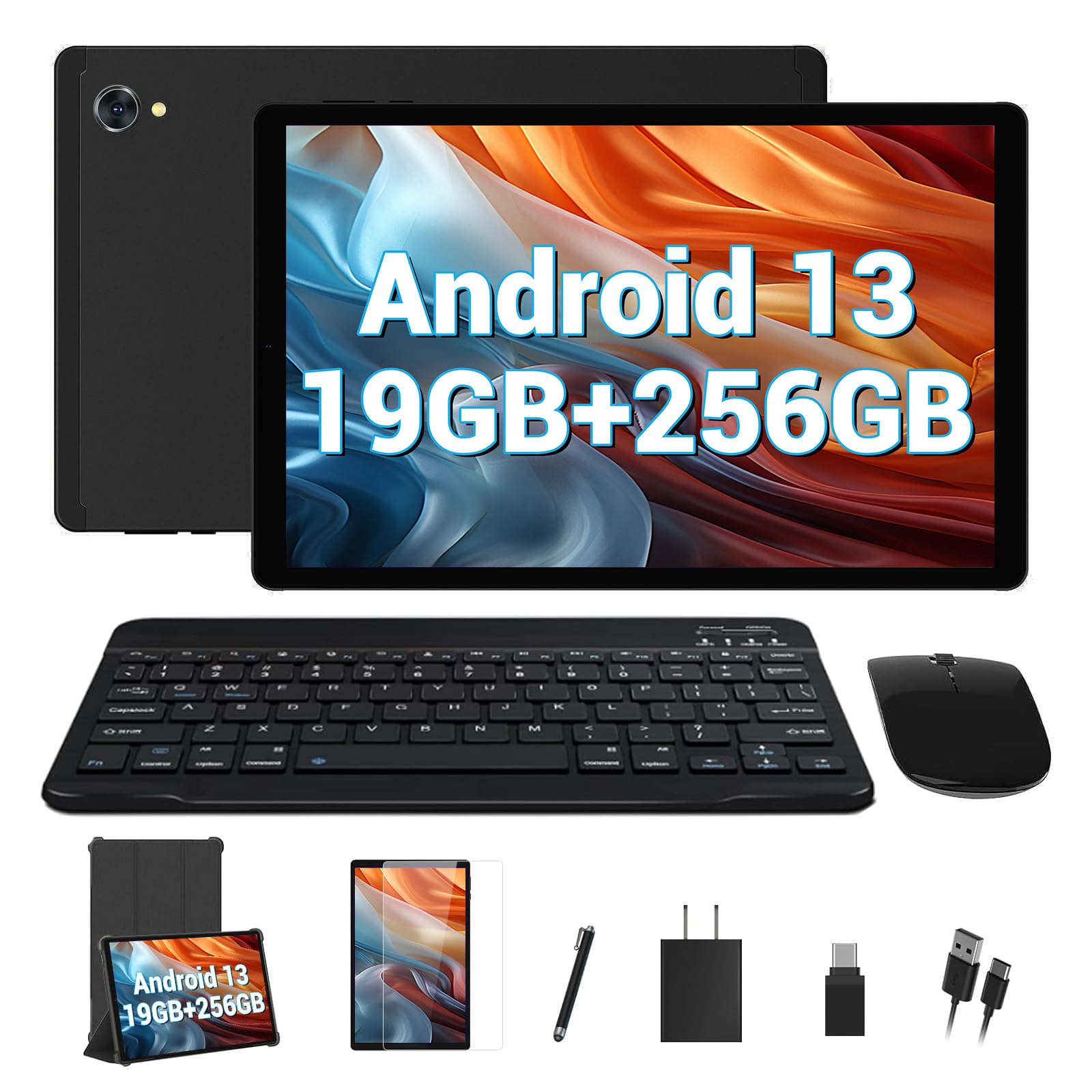 View 1 of POWMUS 2025 Latest Tablet 10.4 inch Android 13 Tablets 19GB+256GB+1TB Expand, Octa-Core, 2K 2000 x 1200 Display,2.4G/5G WiFi, 8000mAh, BT 5.0, GPS Android Tablets Bundle-Black