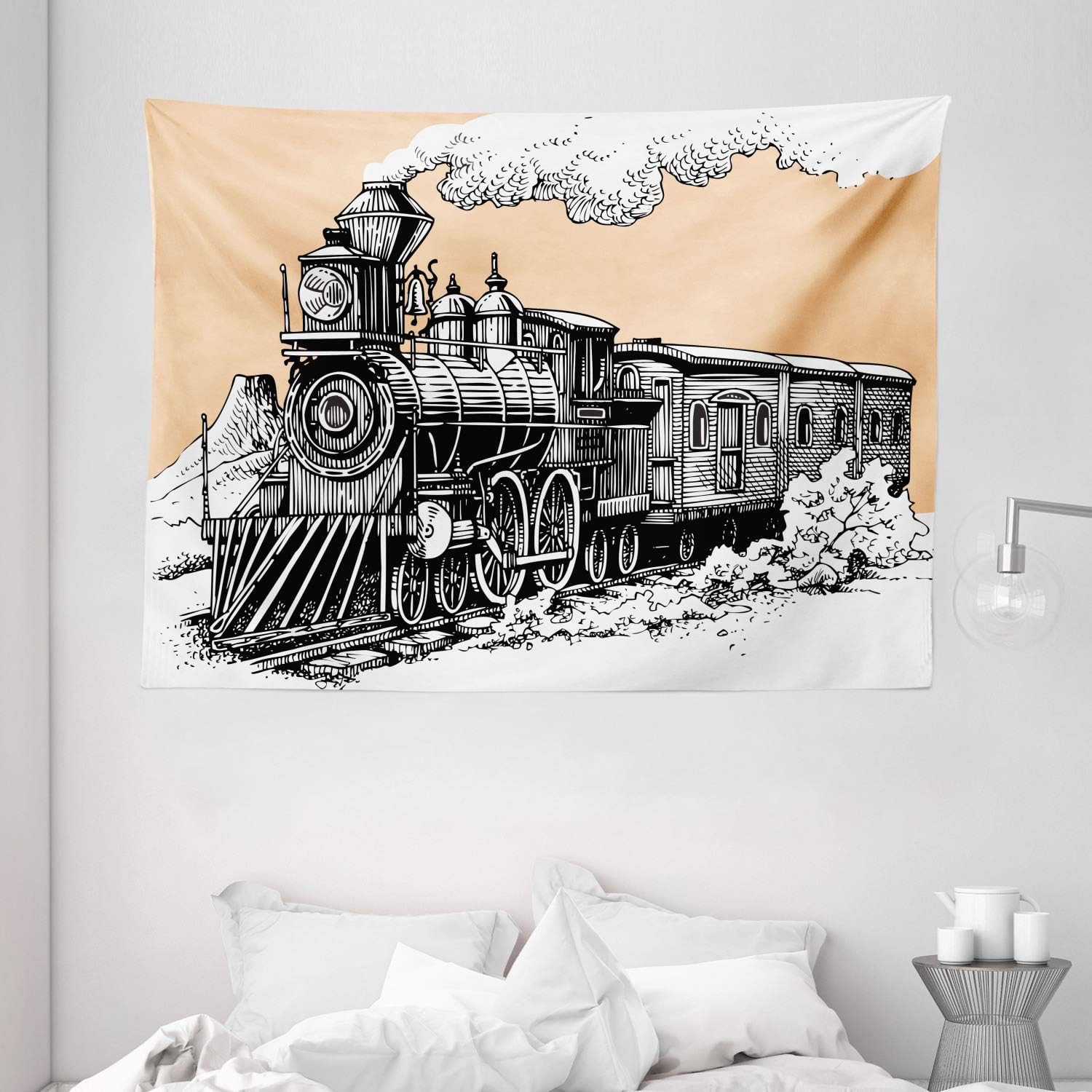 Amazon Com Ambesonne Steam Engine Tapestry Wall Hanging Vintage Wooden Train On Rails Wild West Wagon In Countryside Drawing Effect Artsy Bedroom Living Room Dorm Decor 80 X 60 Peach White Home