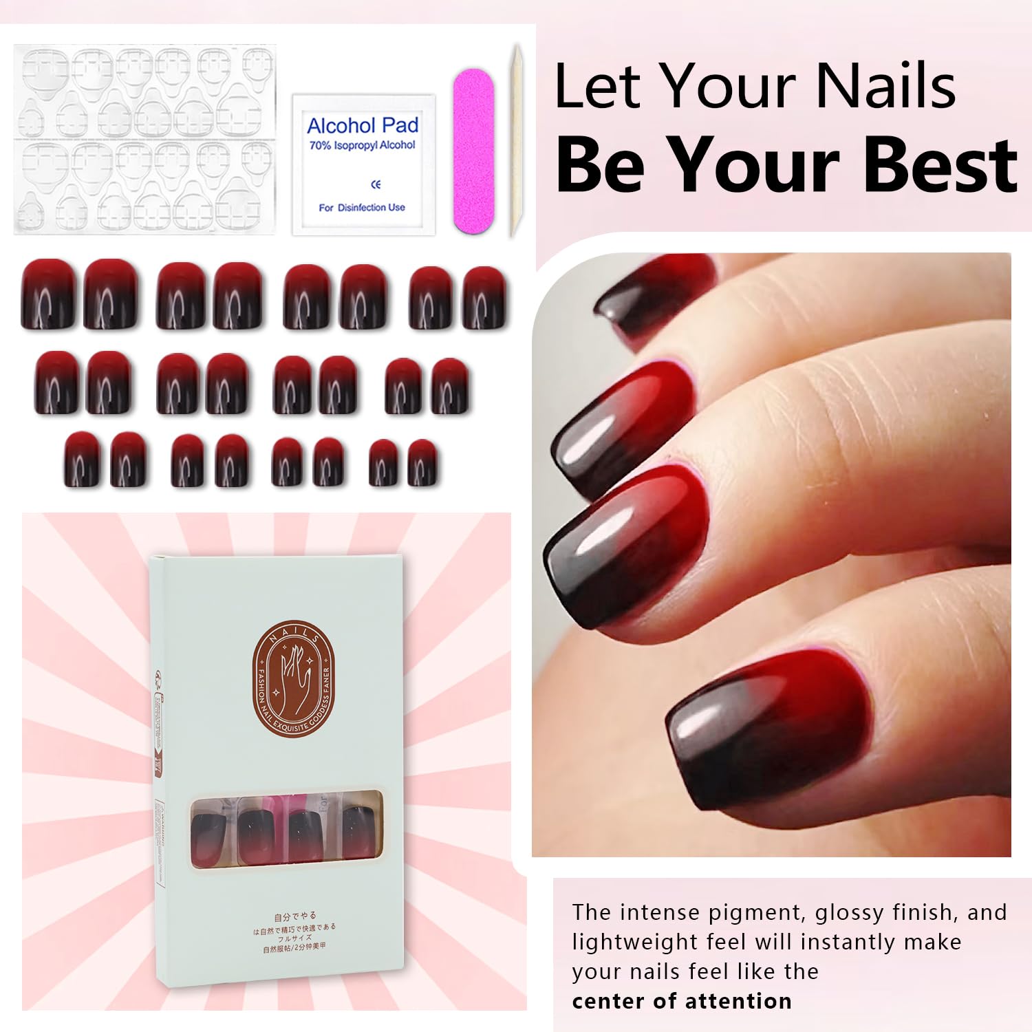 Halloween Red & Black Gradient Press on Nails Short Square Shaped False Nails Designs Glossy Reusable Fake Nails Full Cover Acrylic Nails Halloween Stick on Nails for Women DIY Manicure 24 Pcs - Image 4