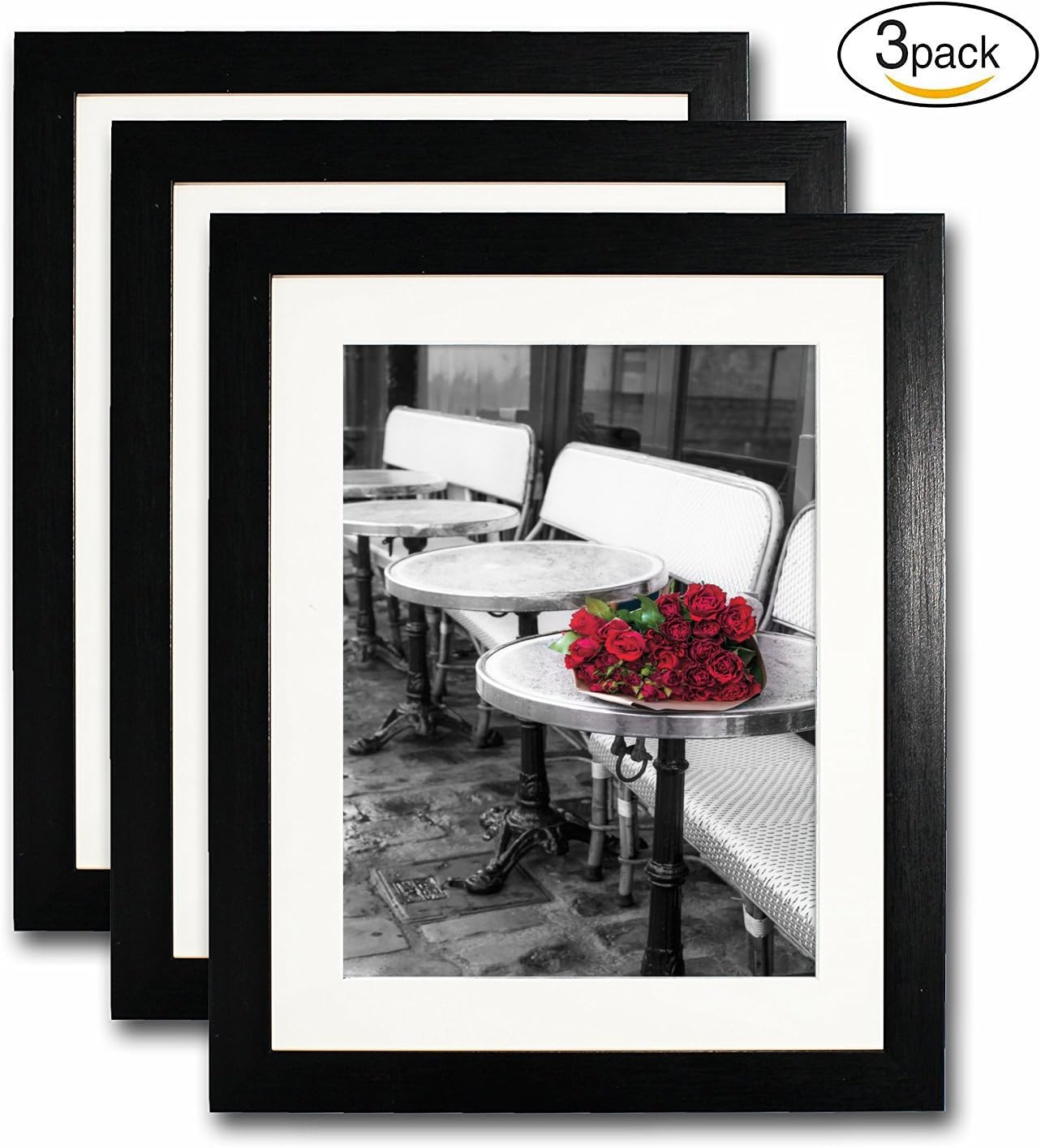 8x10 Black Picture Frame Set of 3 for Pictures 6x8 with Mat or 8x10 without Mat for Wall Photo Tabletop Frame with Stand