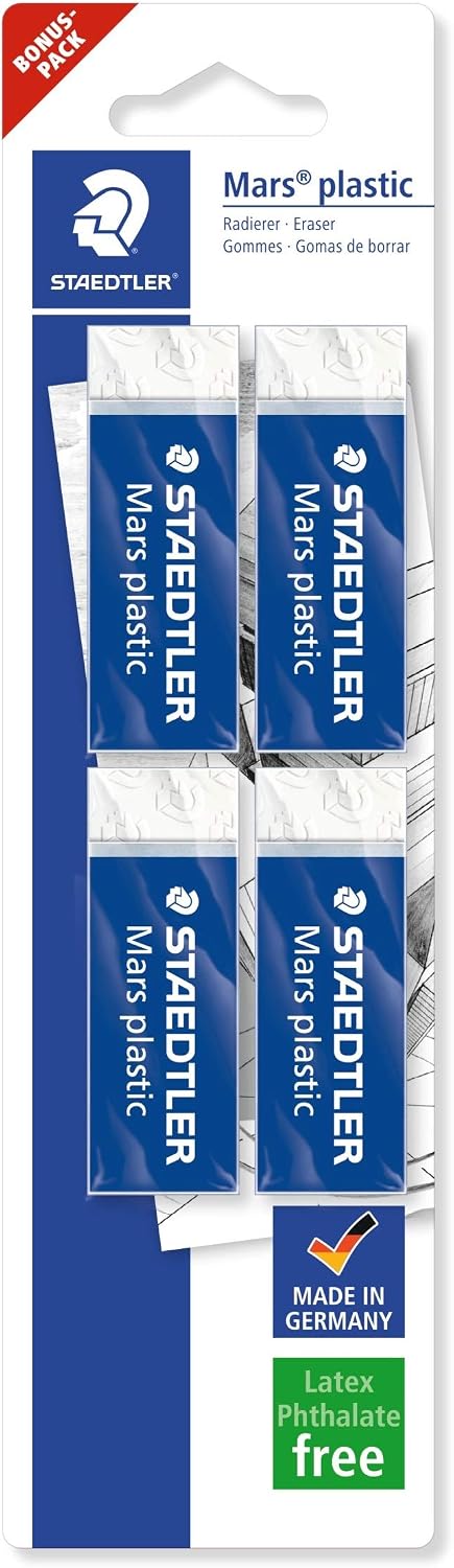 Staedtler Mars Plastic 526 50 Blister Pack of 4 Pencil Erasers, White, 4er Set