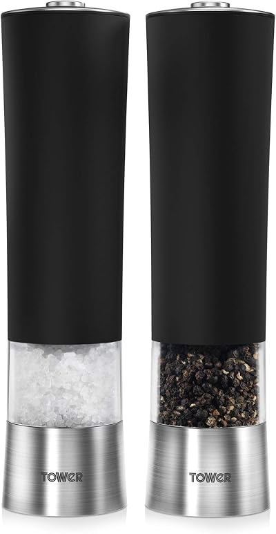 Tower T80400 Electric Salt Pepper Mill Set Stainless Steel Black Grinder