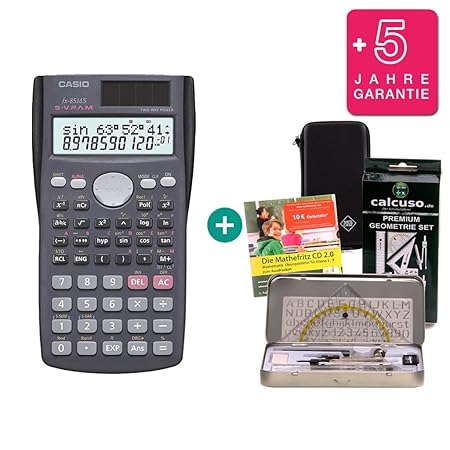 Streberpaket: Casio FX-85MS + Schutztasche + Lern-CD (auf Deutsch) + Geometrie-Set + Erweiterte Garantie