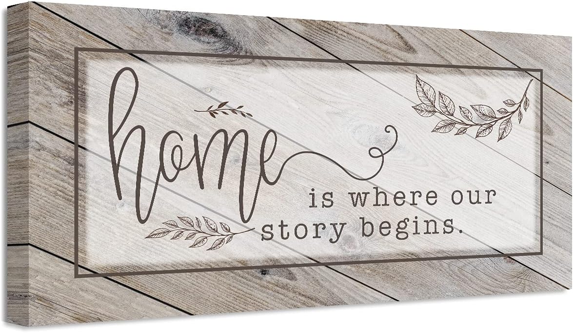 Paintings - Home is Where Our Story Begins - Great Farmhouse Home Wall Art, Anniversary and Newlywed Decoration, Couples Classic Housewarming Gift for New House, Rustic Wood Style Look 12x24 Stretched Canvas Art