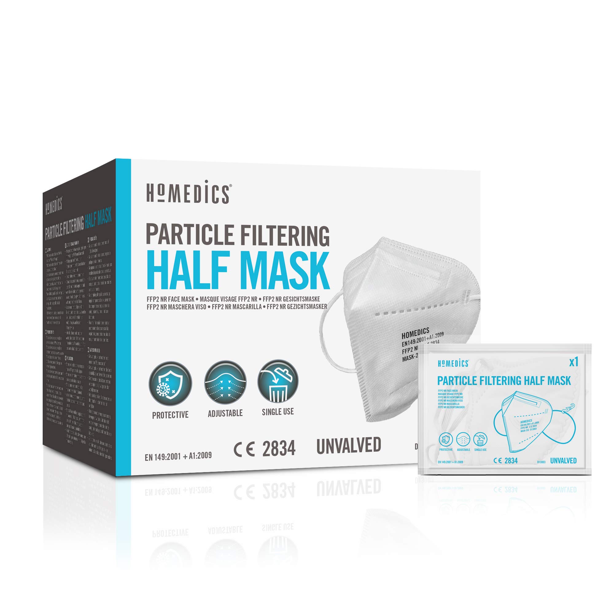 HoMedics 20 Pack, Single Use Face Masks FFP2 PPE - CE Certified, 3 Layer Filtration, Latex Free Mask
