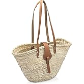 FRENCH BASKET Straw Beach Tote Bag with Leather Handles, Canvas Pouch & Zip Closure, Moroccan Market Basket for Summer