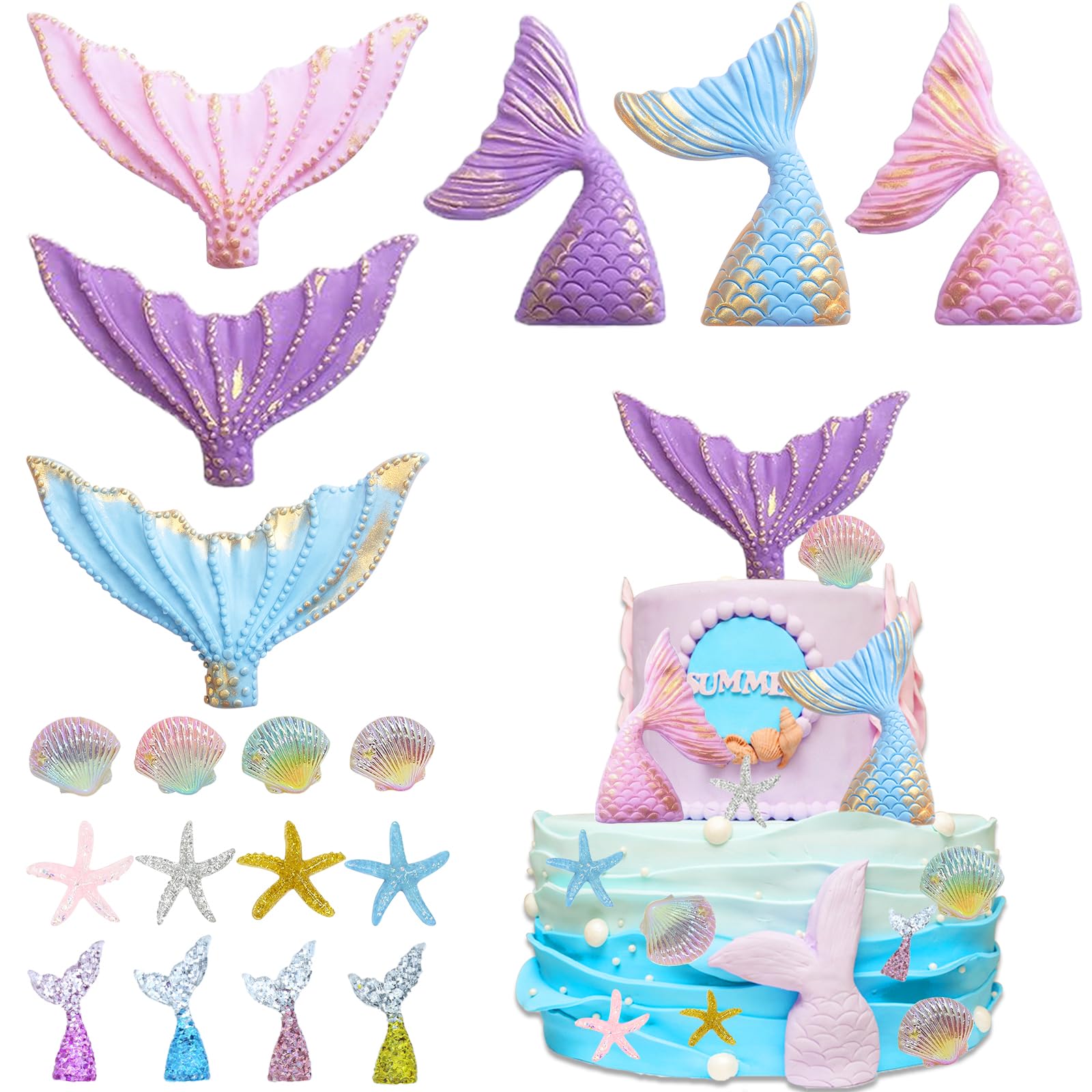 Photo 1 of 18 Pcs Mermaid Tail Cake Topper Mermaid Cake Decorations Starfish Seashells Under the Sea Cake Decorations for Birthday Party Baby Shower