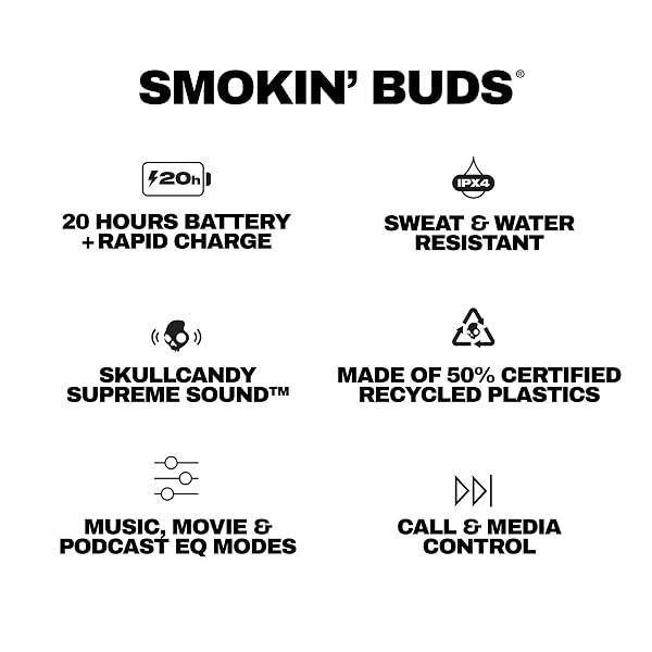 SKULLCANDY SMOKIN’ BUDS WIRELESS EARBUDS, BLUETOOTH HEADPHONES, NOISE ISOLATING FIT, UP TO 20 HOURS BATTERY, IPX4 SWEAT AND WATER RESISTANT, MICROPHONE FOR IPHONE ANDROID – MIDNIGHT SMOKE