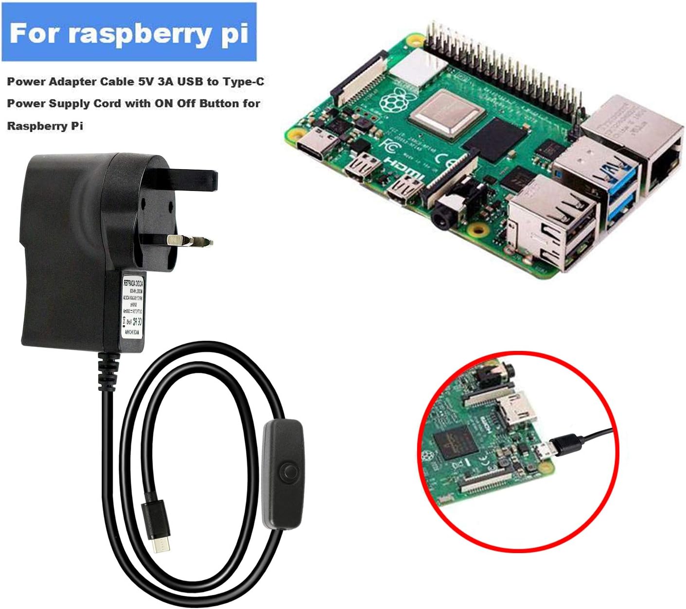 Kit for Raspberry Pi 4 Model B 5V 3A Type C Power Supply with Cable and ...