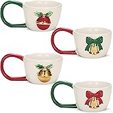 KooK Christmas Mugs, Ceramic Holiday Coffee Cups with Large Decorative Handles, Christmas Bell & Ornament Designs, Gift-Ready, 10 oz, Dishwasher Safe, Set of 4
