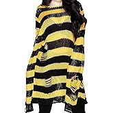 Vinsekep Women's See Through Hole Ripped Striped Long Knit Pullover Dress Sweaters Shirt