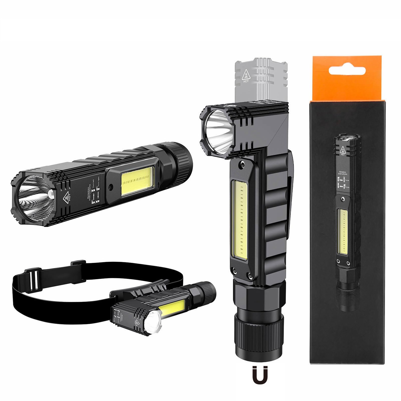 SuperFire Magnetic 90° Rotating Flashlight - Rechargeable Mini Torch, 5 Modes IPX4 Splash-Proof, Clip-on Camping Light for Hiking, Night Running, Dog Walking & Emergency Work