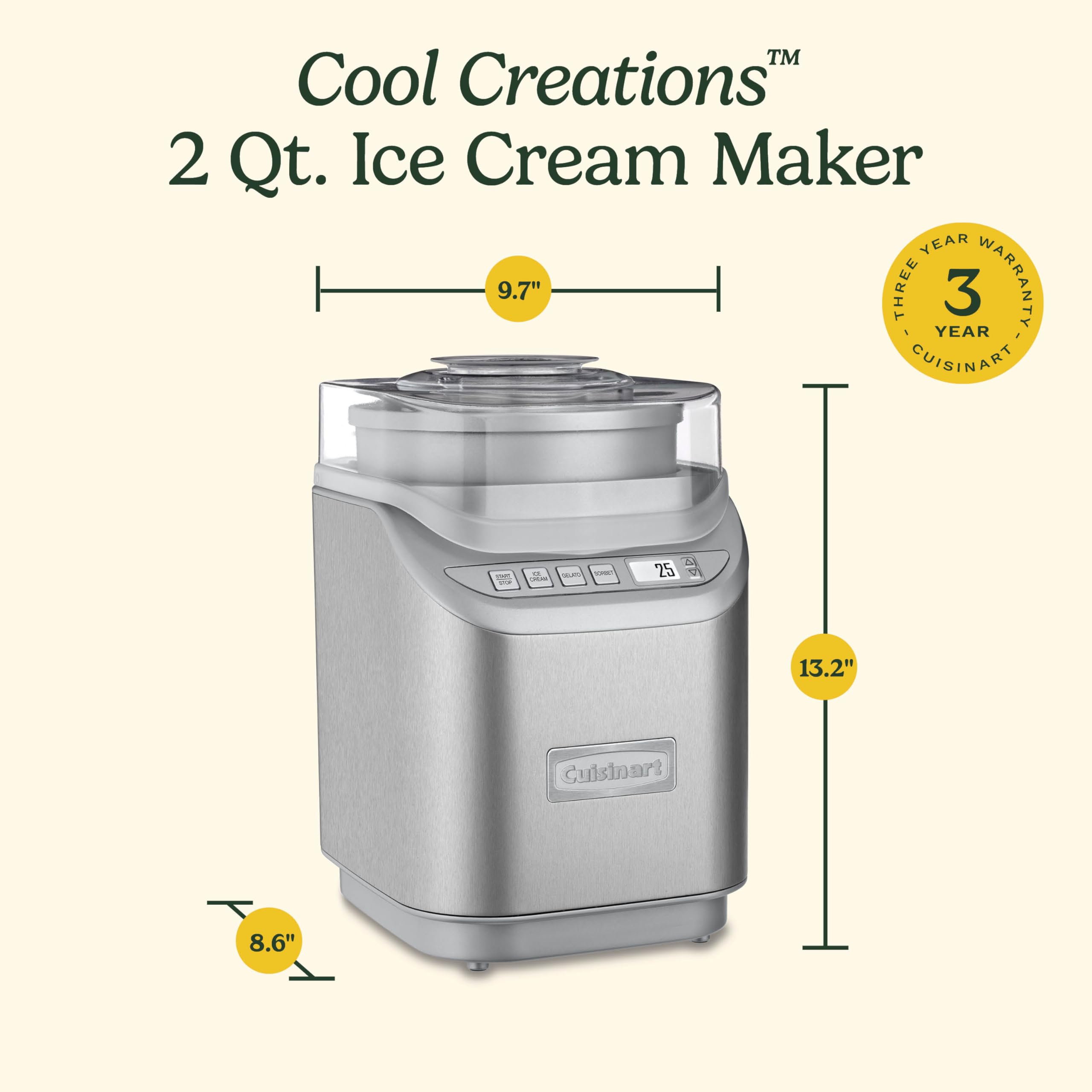 Cuisinart Ice Cream Maker Machine, 2-Quart Stainless Steel Frozen Yogurt, Gelato, Sorbet, Ready in 20 Minutes, LCD Screen and Timer, ICE-70P1