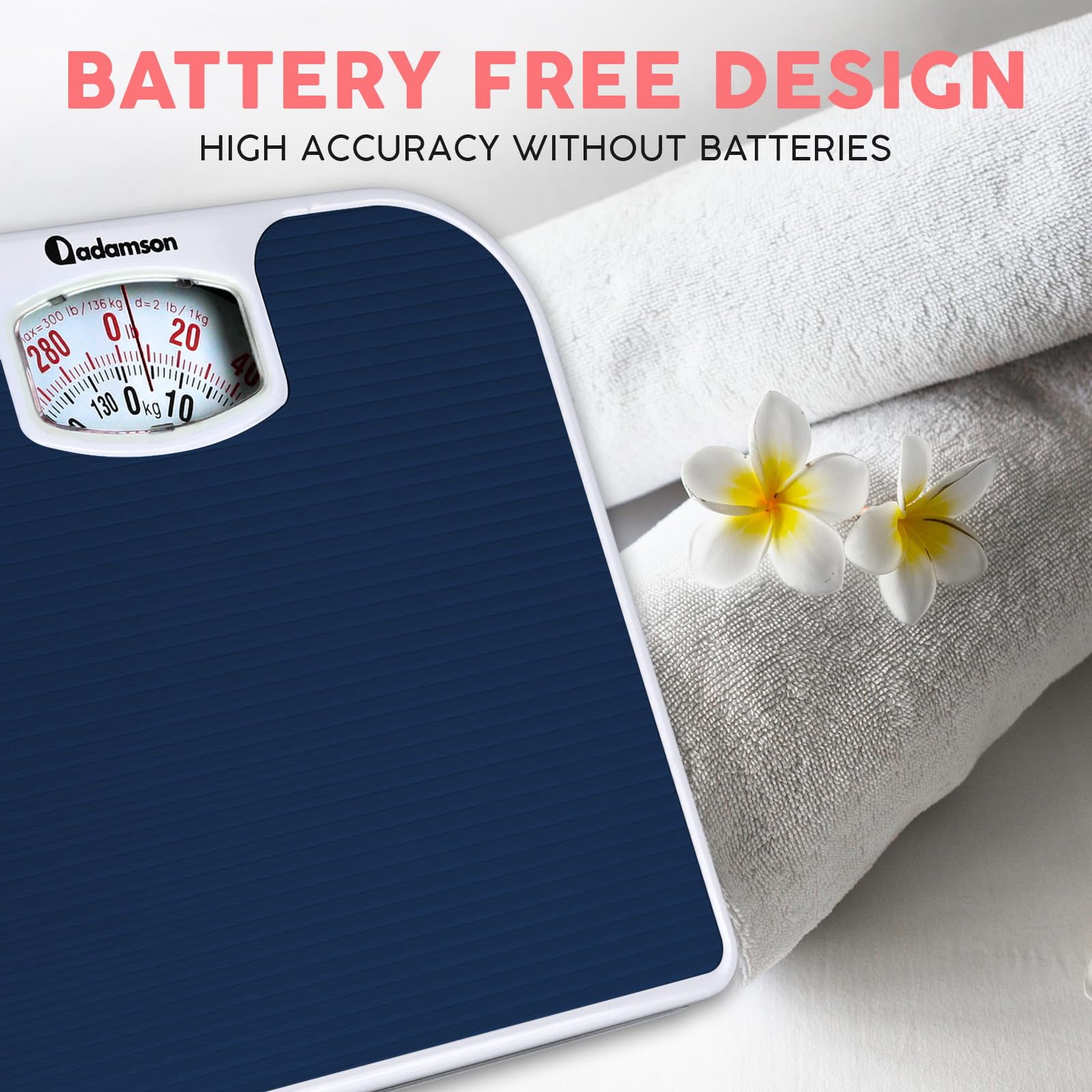 Adamson A21 Analog Scales for Body Weight - Up to 300 LB - New - Anti-Skid Rubber Surface + Large Numbers - Analog Bathroom Scale - Affordable - Durable with 20-Year Assurance - Blue
