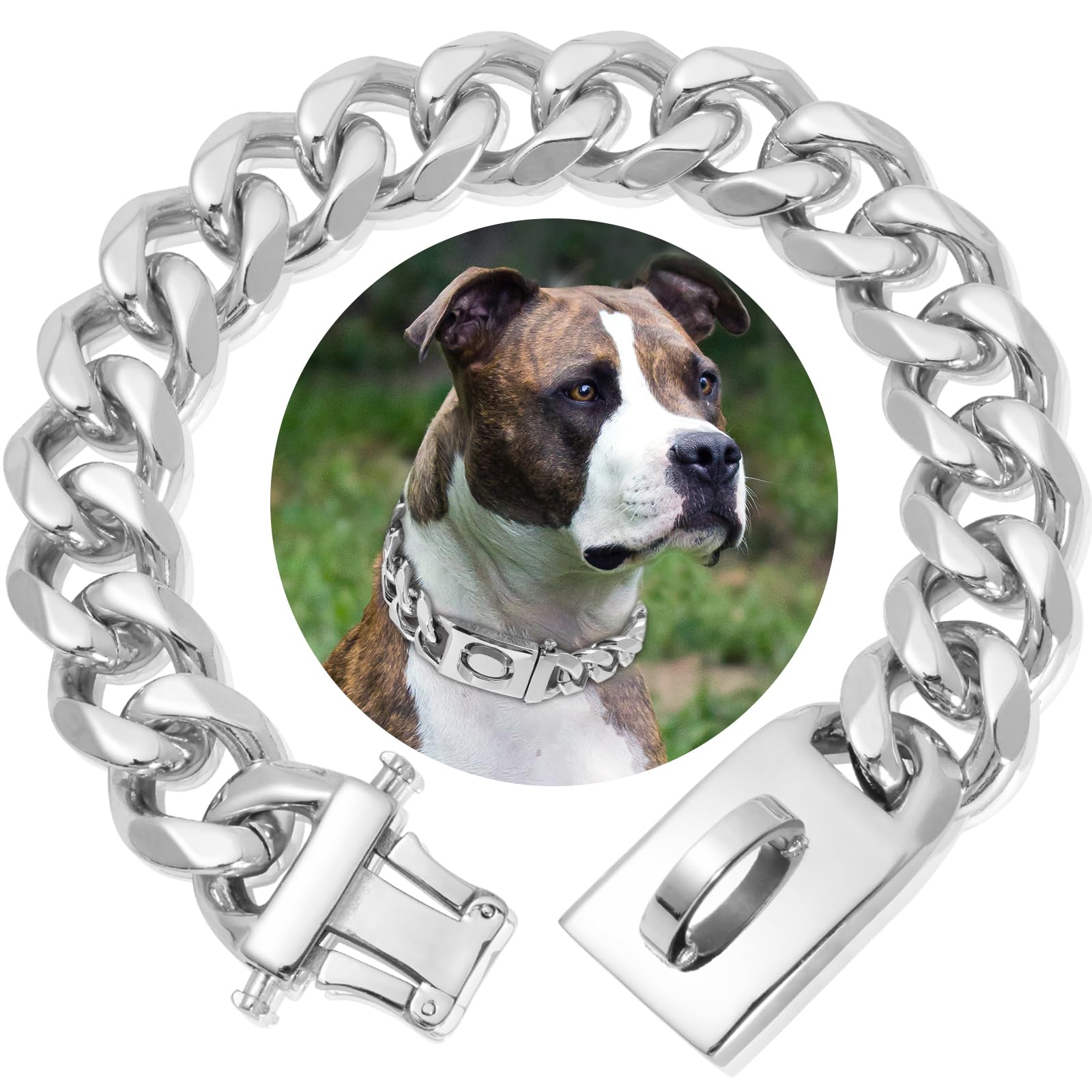 Heavy Duty Silver Dog Collar Chain Stainless Steel Walking Metal Chains Collars,19MM Wide Cuban Link Strong Chew Proof for Medium Big Dogs（40cm,Silver)