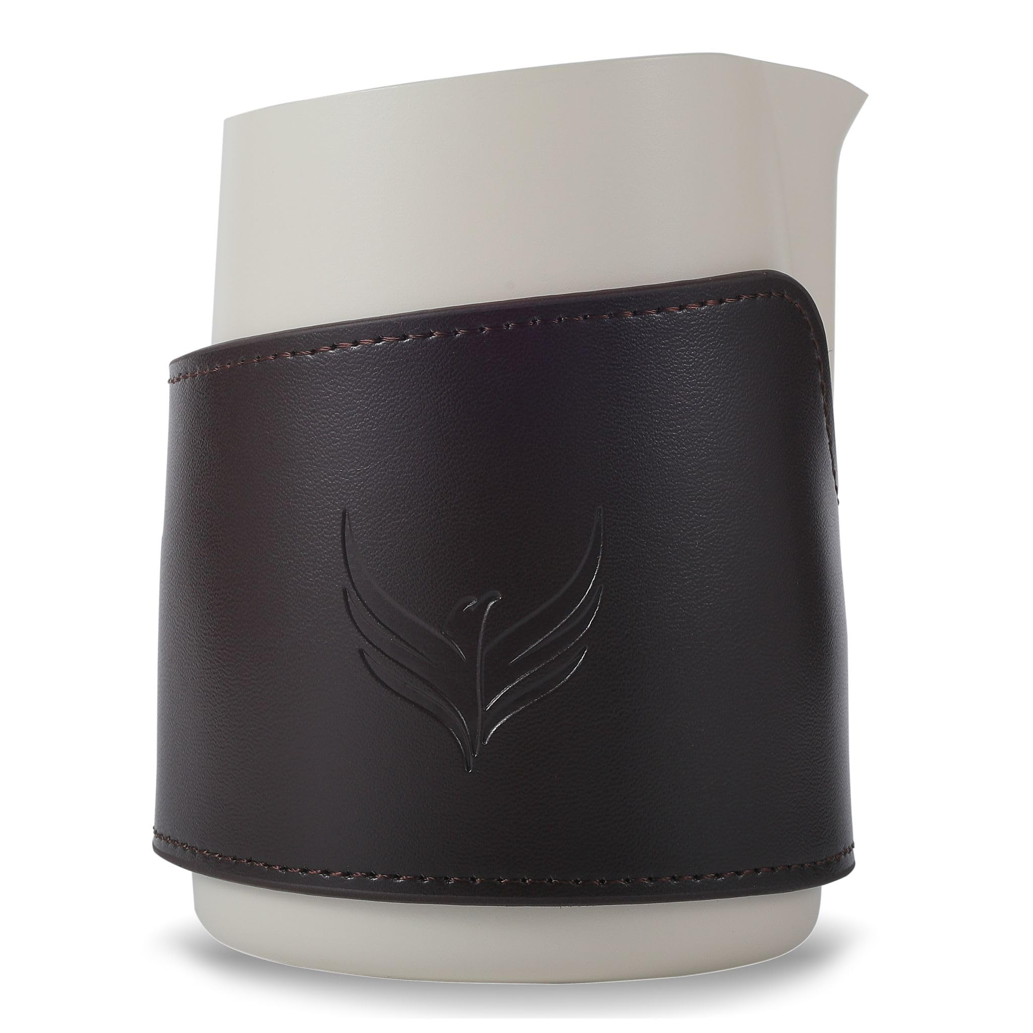 KNODOS Milk Pitcher Handleless Latte Steaming Pitcher (White, 400ml, 14oz) with Leather Sleeve Stainless Steel Milk Frothing Jug