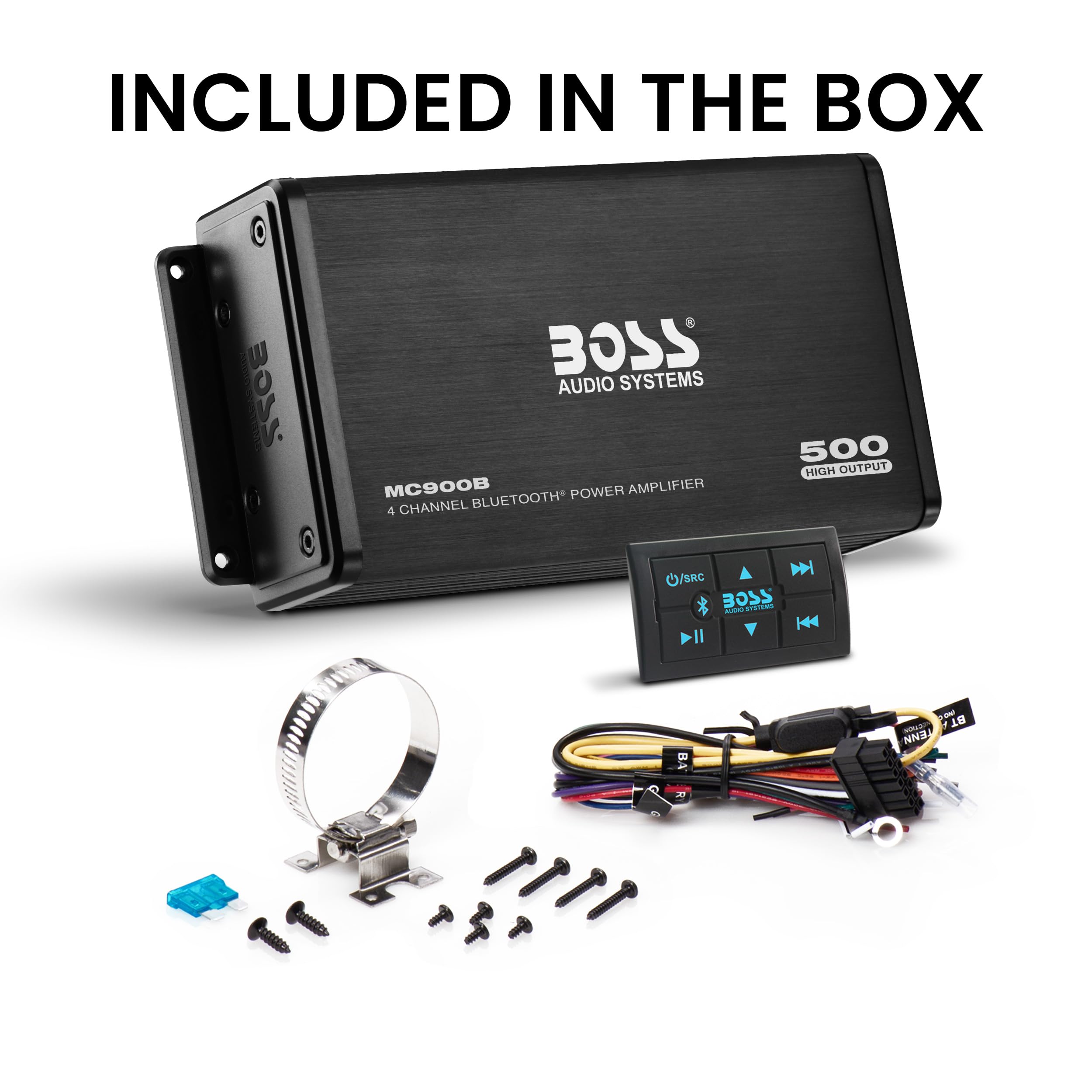 BOSS Audio Systems MC900B 4 Channel Amplifier for ATV UTV Car Marine - 500 High Output, Low Level Inputs, Full Range, Weatherproof, Bass for Subwoofer
