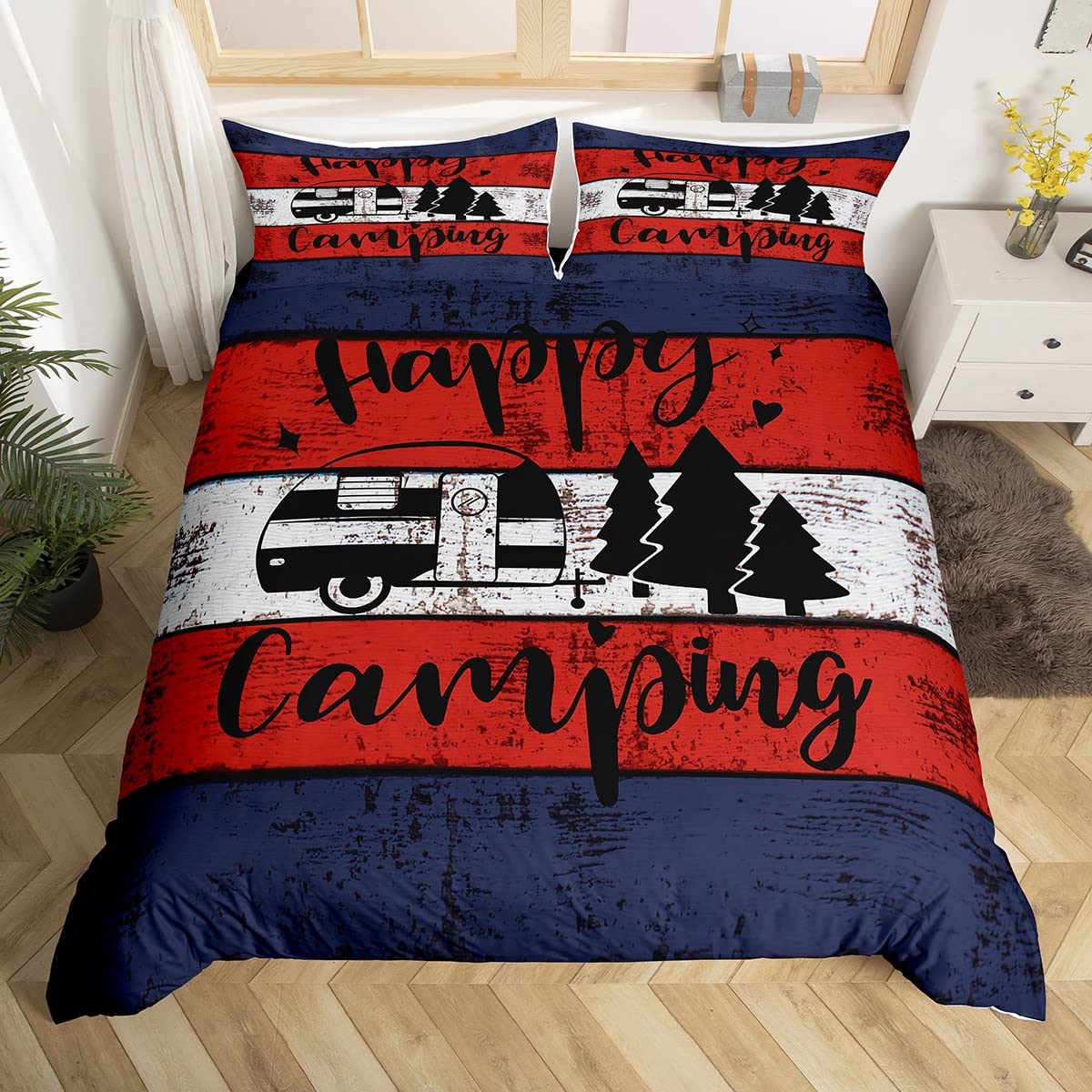 Happy Camping Duvet Cover Double Size 3 Pcs Retro Blue Red White Wooden Stripes Bedding Set for Kids Teens Adults Cartoon RV Trees Rustic Farmhouse Style Comforter Cover with 2 Pillowcases — image 1