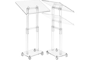 Premium Acrylic Podium Lectern Stand | Portable Wheels Modern Design Height Adjustable Lecturn Classroom Church Portable Music Concert Edge Stop Laptop Pulpit Plexiglass GUARDMATE