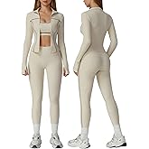 OMEWEE Womens workout sets Contrast Long Sleeve Jacket with Sports Bra and Butt-lifting Pants Yoga Outfits 3 Pieces Set
