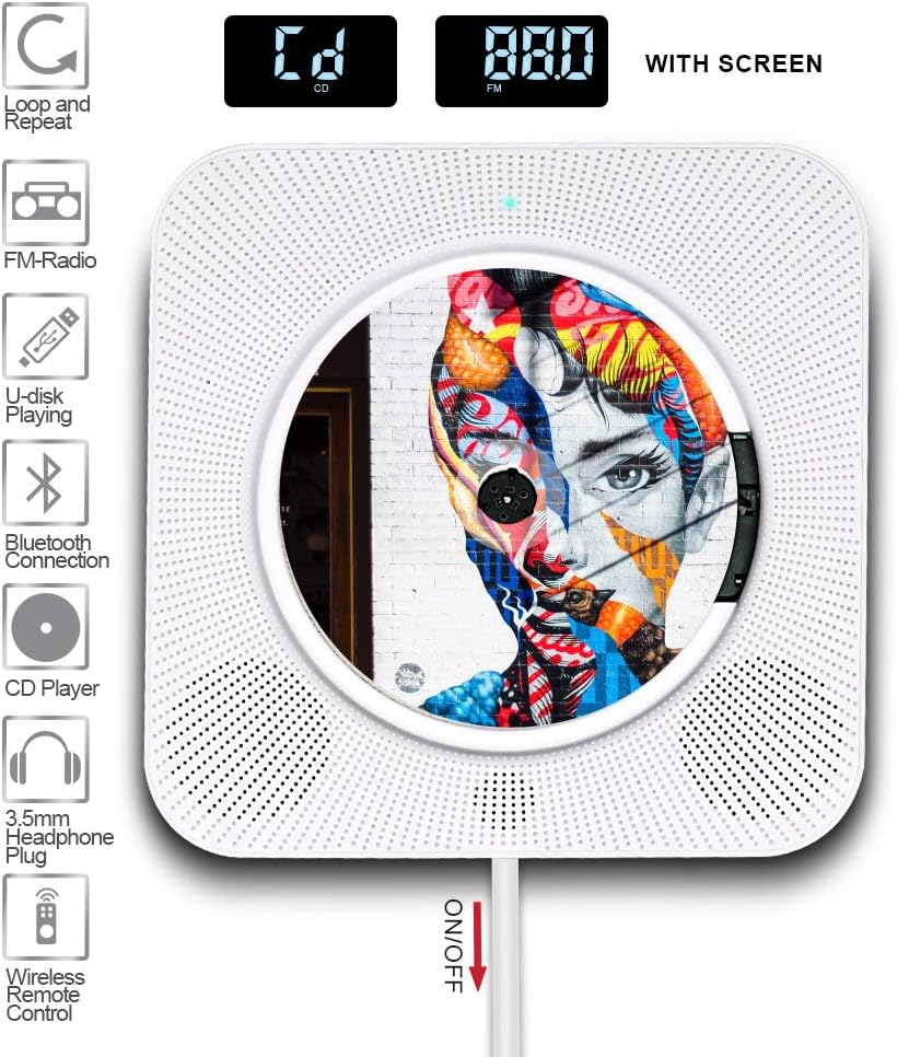 WayGoal Wall Mountable CD Player, Portable Bluetooth Built-in HiFi Speakers, Home Audio FM Radio USB MP3 Music Player, 3.5mm Headphone Jack AUX Input/output with Remote Control White