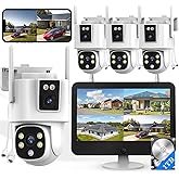 Wireless Outdoor Security Camera System, Wkkengd Dual Lens Dual Screen Auto Tracking 4 Home Surveillance Camera Set 12.5" Monitor 1TB 10CH NVR Color Night Vision 2 Way Audio Wi-Fi 6 Alexa Compatible