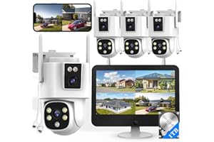 Wireless Outdoor Security Camera System, Wkkengd Dual Lens Dual Screen Auto Tracking 4 Home Surveillance Camera Set 12.5" Monitor 1TB 10CH NVR Color Night Vision 2 Way Audio Wi-Fi 6 Alexa Compatible