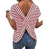 LilyCoco Womens Striped Open Back Tops Criss Cross Back Batwing Sleeve T Shirt
