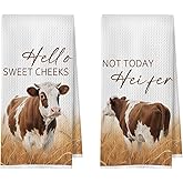 BlissfulAbon Funny Cow Hand Towels Set - Cow Gifts Waffle Decorative Hand Towels, Hello Sweet Cheeks Bathroom Decor, Farmhouse Rustic Animal Bathroom Decor, 16x24 Inches Set of 2