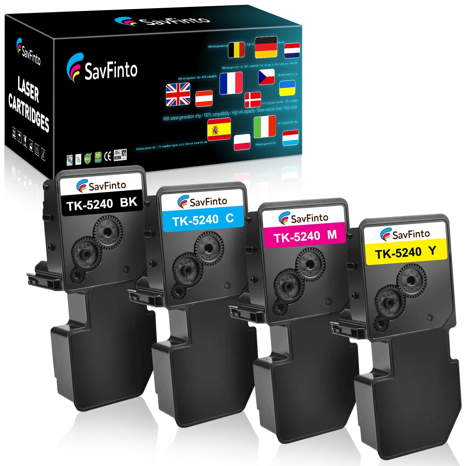 SavFinto TK-5240 Toner Cartridges Compatible for Kyocera ECOSYS M5526cdw Replacement for Kyocera TK5240 TK 5240 for Ecosys M5526cdw M5526cdn P5026cdw P5026cdn (1 Black, 1 Cyan, 1 Magenta, 1 Yellow)