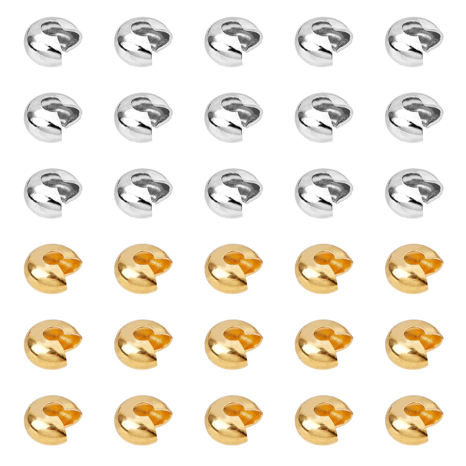 arricraft 200 Pcs Brass Crimp Beads Covers, 2 Colours 6mm Round Beads Covers for DIY Jewellery Making, Hole:1mm