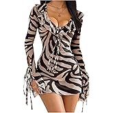 SweatyRocks Women's Zebra Print Bell Long Sleeve Mini Mesh Dress Deep V Neck Ruffled Bodycon Vacation Dresses