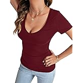 Rooscier Women's Deep V Neck Short Sleeve Slim Fit Basic Sexy Summer Tee T Shirt Blouse Top