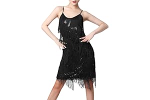 IWEMEK Women Salsa Latin Dance Dress Sequin Tassel Fringe Flapper Dress 1920s Gatsby Cocktail Dress Tango Ballroom Dancing Costume