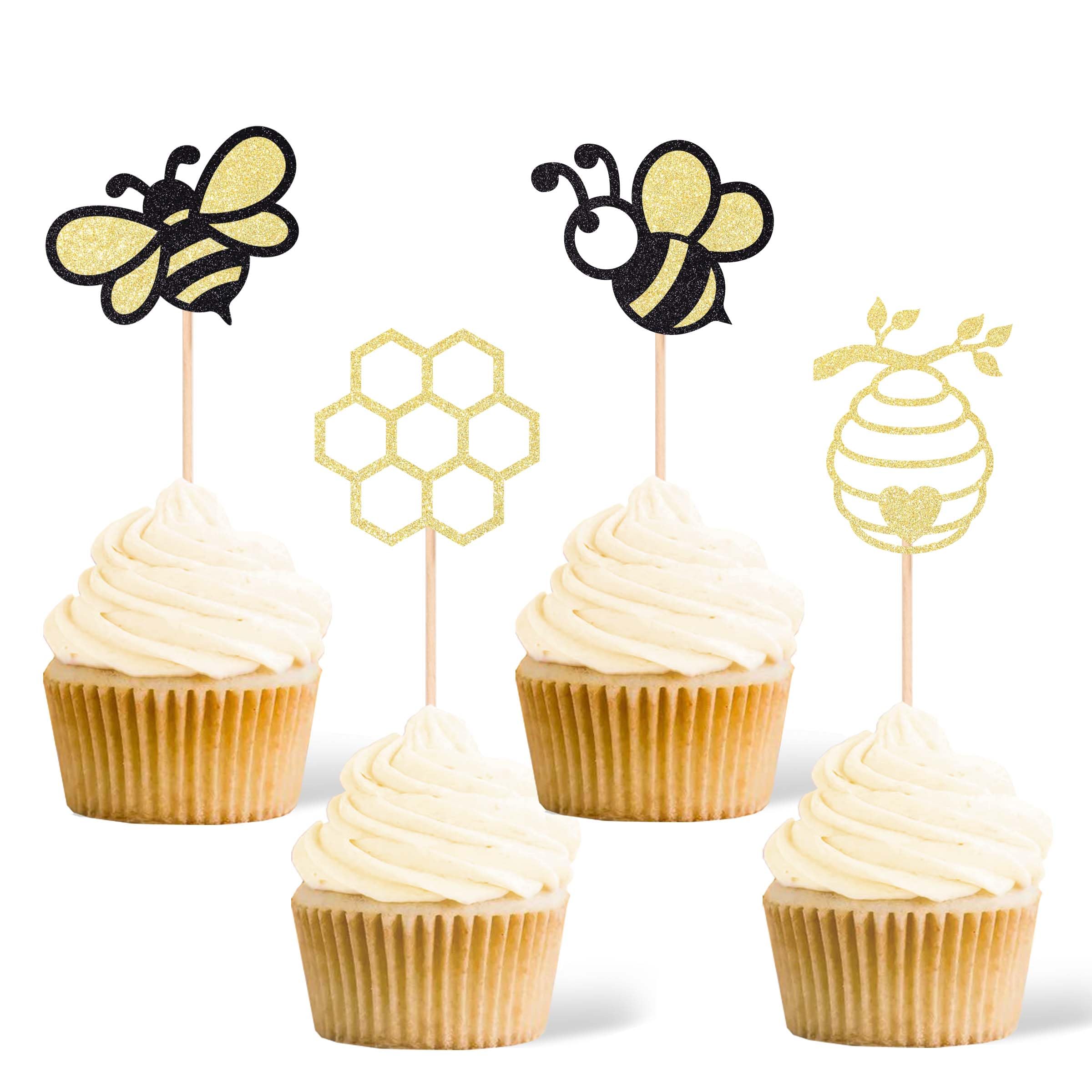 Photo 1 of Gexolenu 24 Pcs Bumble Bee Cupcake Toppers Gold Glitter Double-sided Sweet Bee Gender Reveal Honeycomb Cupcake Picks Baby Shower for Bee Theme Cake Decorations Kids Birthday Party Supplies