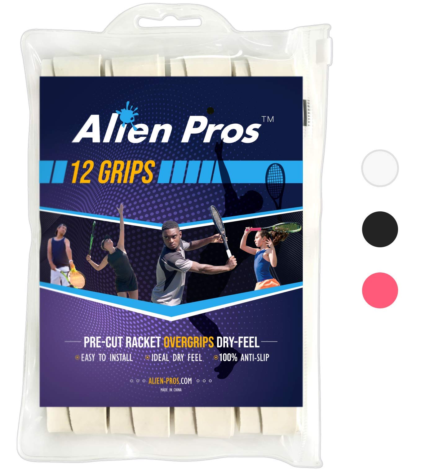 Alien Pros Tennis Racket Grip Tape (12 Grips) – Precut and Dry Feel Tennis Grip – Tennis Overgrip Grip Tape Tennis Racket – Wrap Your Racquet for High Performance (12 Grips, White)
