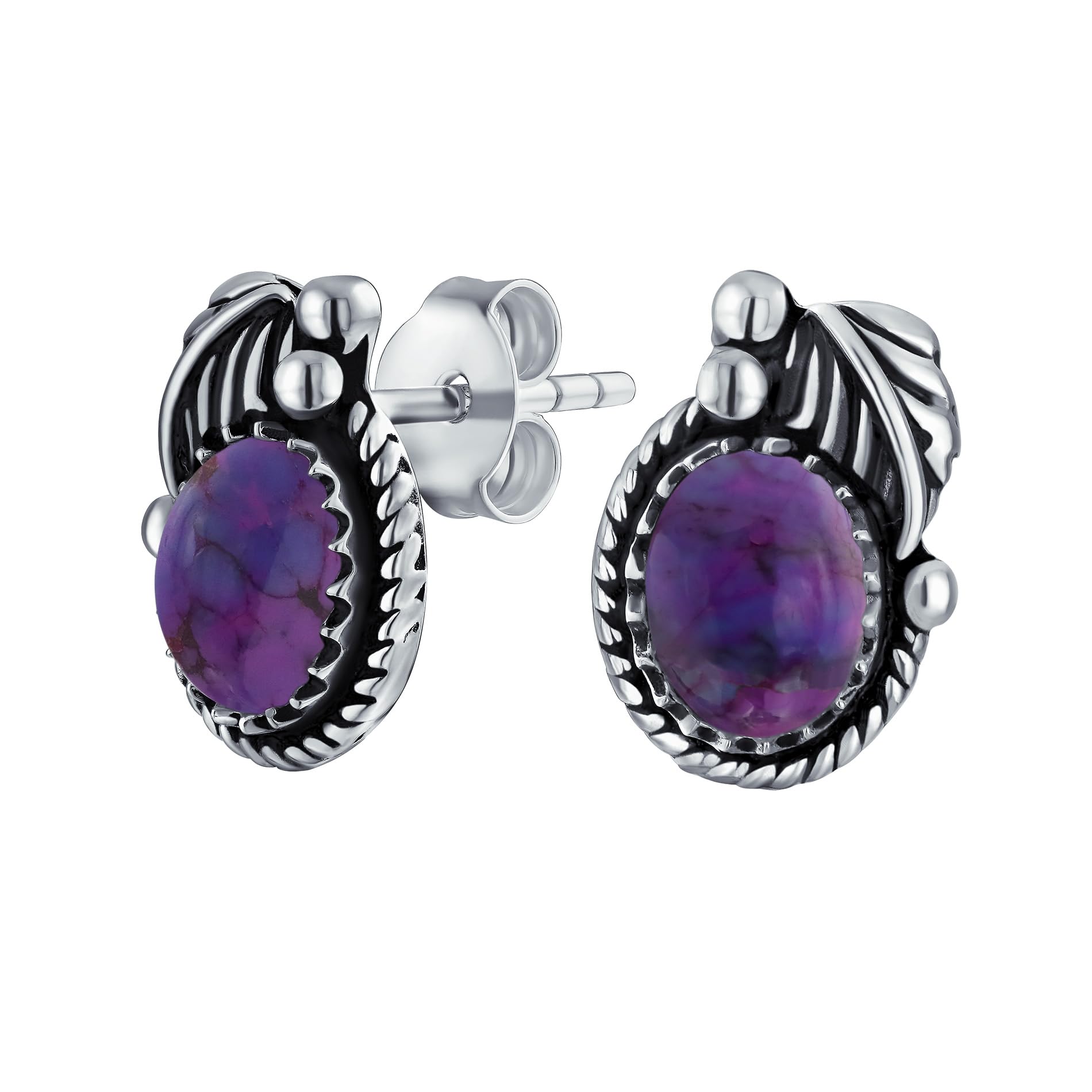 Native American Style Purple Turquoise Gemstone Oval Bezel Leaf Rope Edged Stud Earrings Western Jewelry For Women Oxidized .925 Sterling Silver