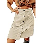 Happy Sailed Women's Corduroy Skirts Fall Winter High Waisted Button Down A-line Short Mini Skirt Front Pockets Cargo Skirt Beige Large