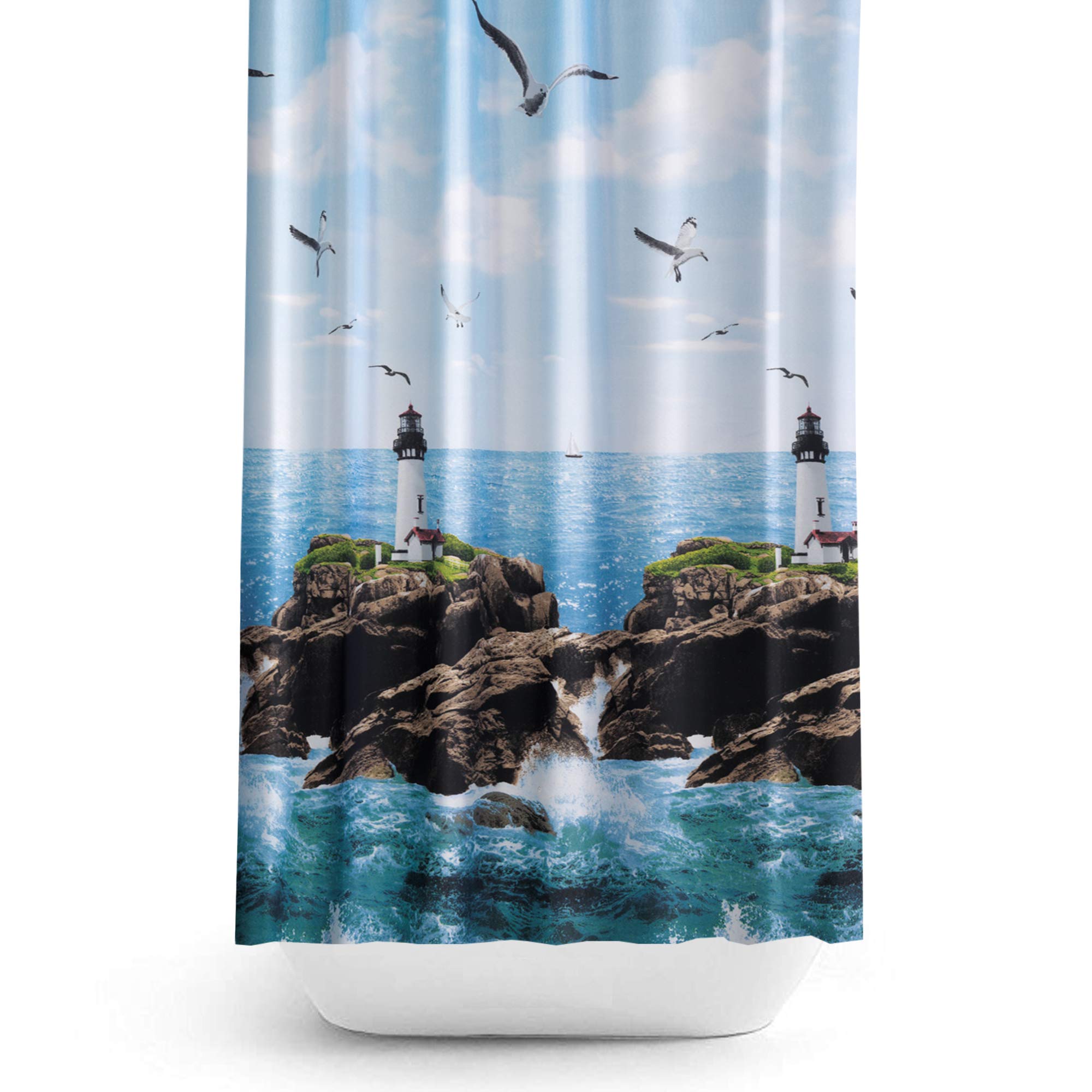 Extra Long Fabric Bathroom Shower Curtain, 180cm Wide by 200cm Drop, Seaview with Lighthouse