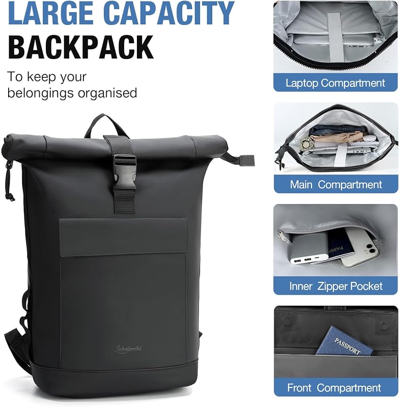 Rolltop Rucksack Damen & Herren, Elegant Laptop Rucksack Wasserdicht mit 17 Zoll Laptopfach, Großer Reiserucksack Tagesrucksack Schulrucksack für Reisen, Uni Schule, Arbeit - Schwarz