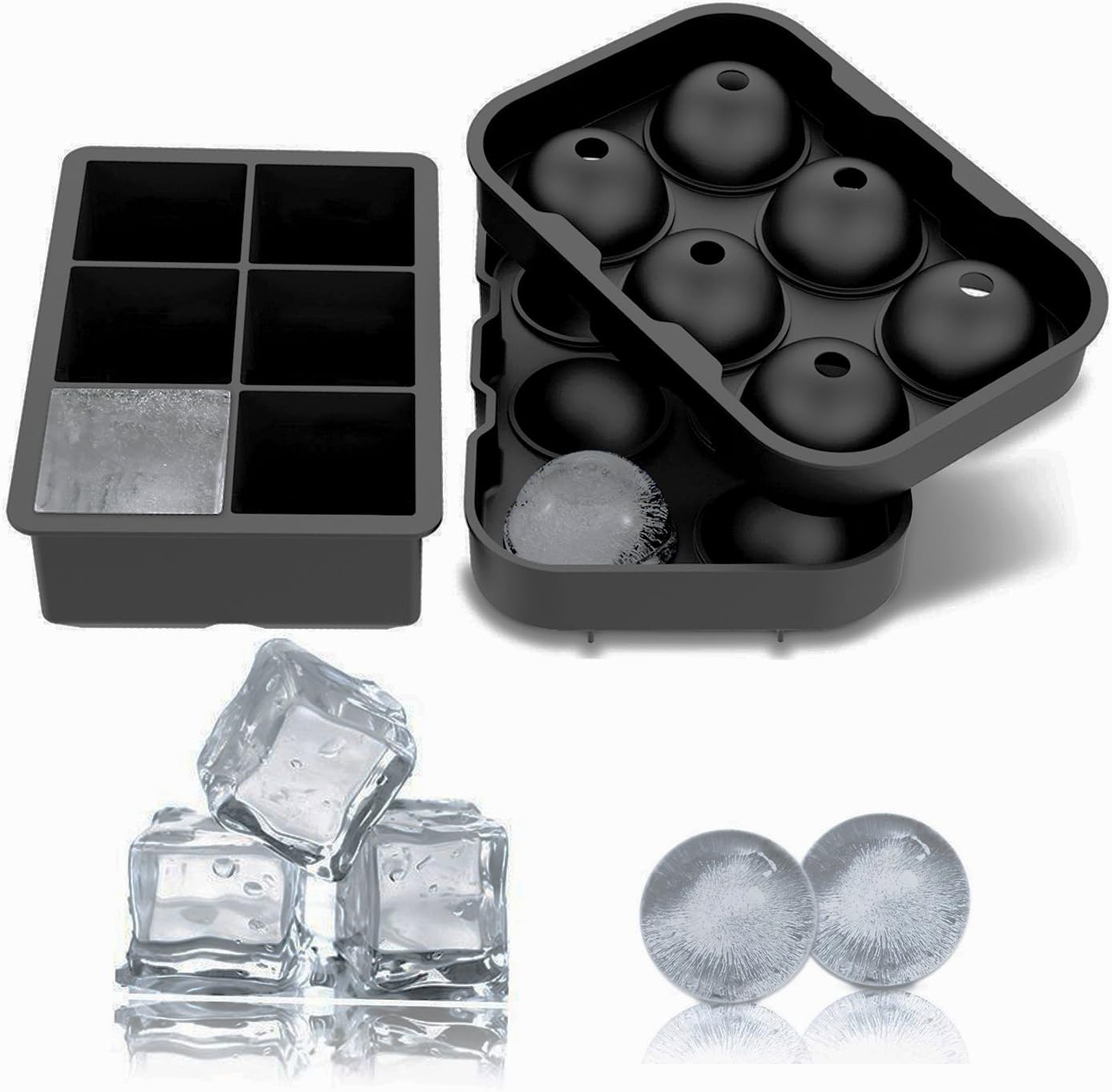 vanly Silicone Ice Cube Trays molds Pack of 2, Large Sphere Ice Ball Maker Square for Chilling Burbon Whiskey, Cocktail, Beverages and More