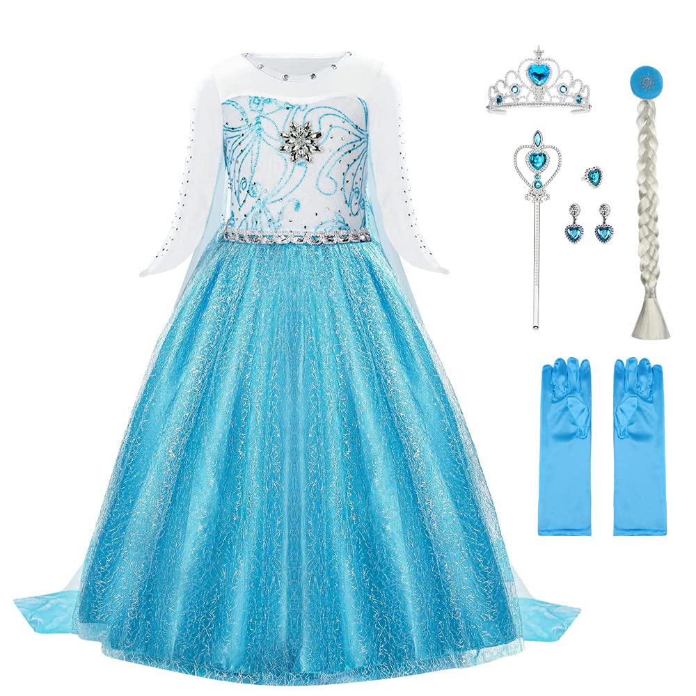 URAQT Snow Queen Dress Up for Girls Princess Ice Queen Costume, Ice Snow Princess Dress Up with Accessories, Deluxe Shining Cloak Fancy Dress Outfit for Party/Cosplay/Bridesmaid(3-4 Y)