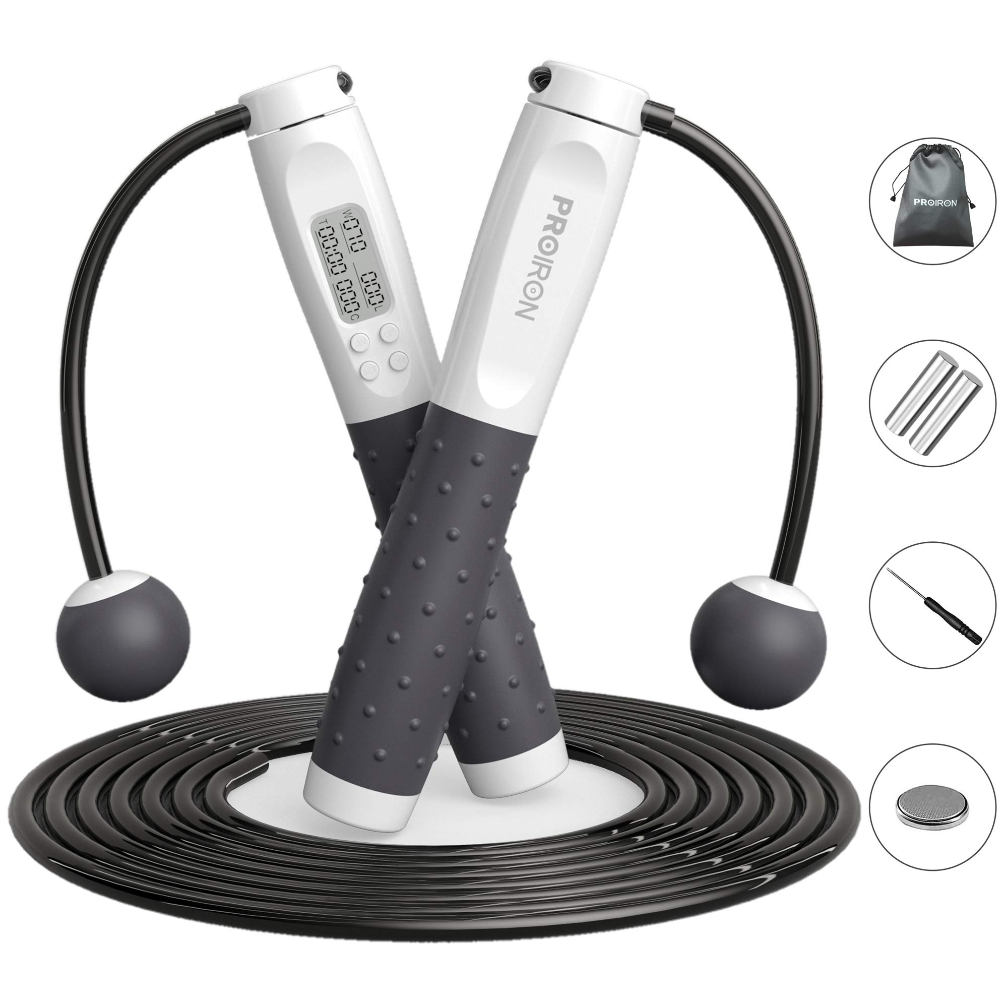 PROIRON Cordless Skipping Rope, Digital Wireless Jump Rope Adjustable Weights/Length Jumping Rope with Calorie Counter, Weighted Jump Rope for Fitness, Crossfit, Exercise, Boxing, MMA, Gym(Grey)