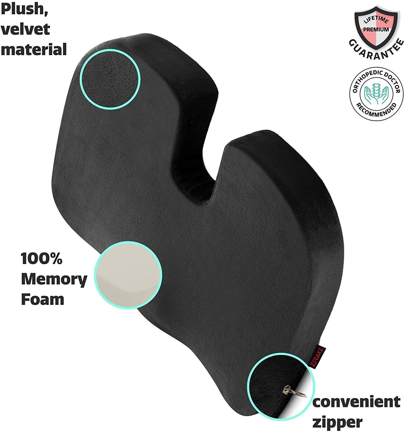 Ziraki Coccyx Seat Cushion Orthopedic, Luxury Chair Pillow, 100% Memory Foam, For Back Pain Relief & Sciatica & Tailbone Pain Back Support - Ideal Gift For Home Office Chair & Car Driver Seat Pillow: Furniture & Decor