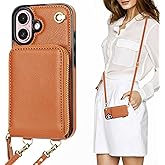 KIHUWEY Crossbody Wallet Case for iPhone 16, Zipper Pocket Case with Card Holder, PU Leather RFID Blocking Protective Cover Case with Kickstand Detachable Wrist Strap Lanyard 6.1" (Brown)